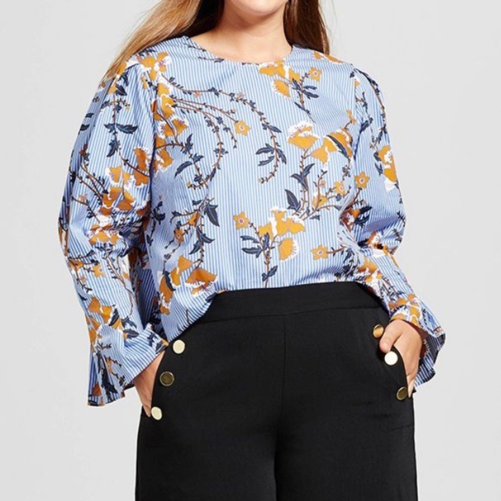 Who What Wear Pinstripe Pleated Ruffle Blouse M